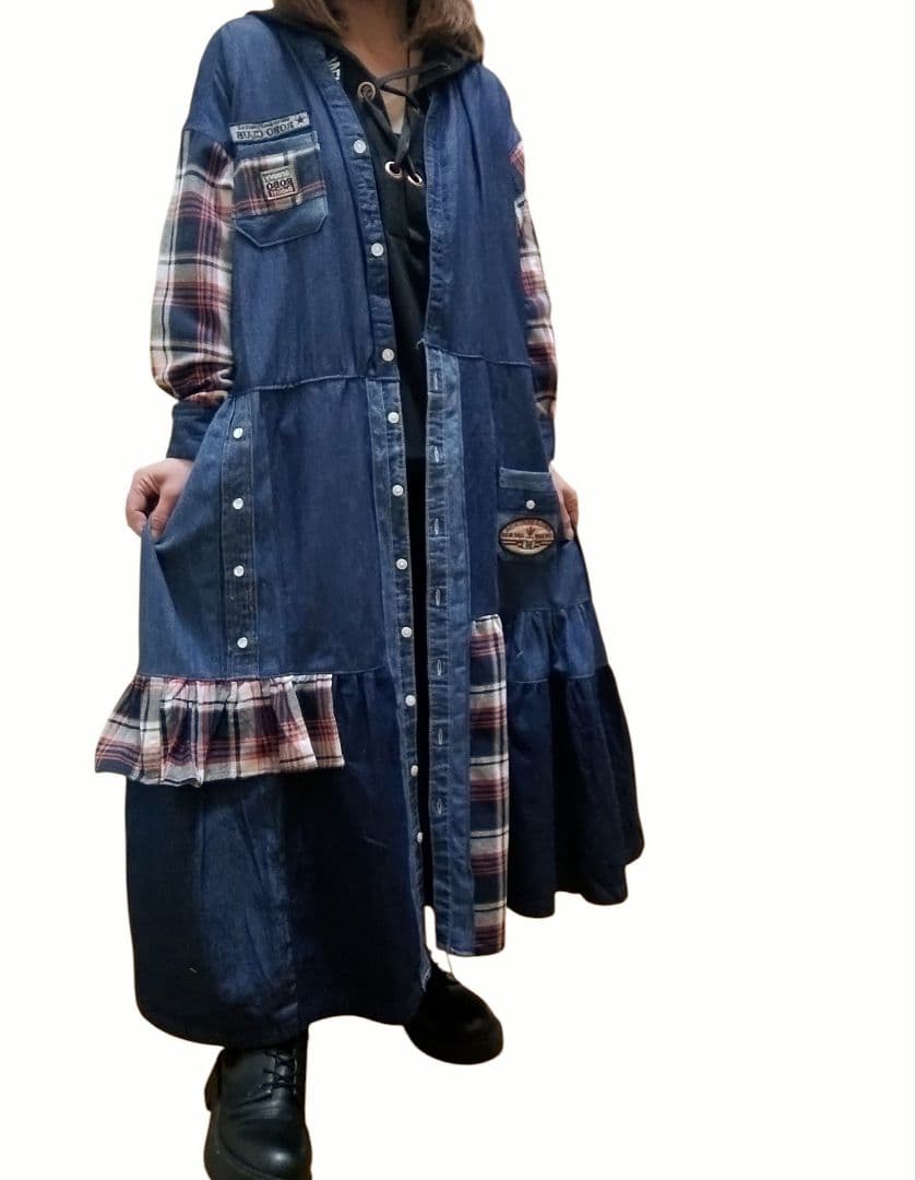 古着リメイク　ゆったり羽織れるデニムパッチワークワンピース　リメイクデニムシャツ