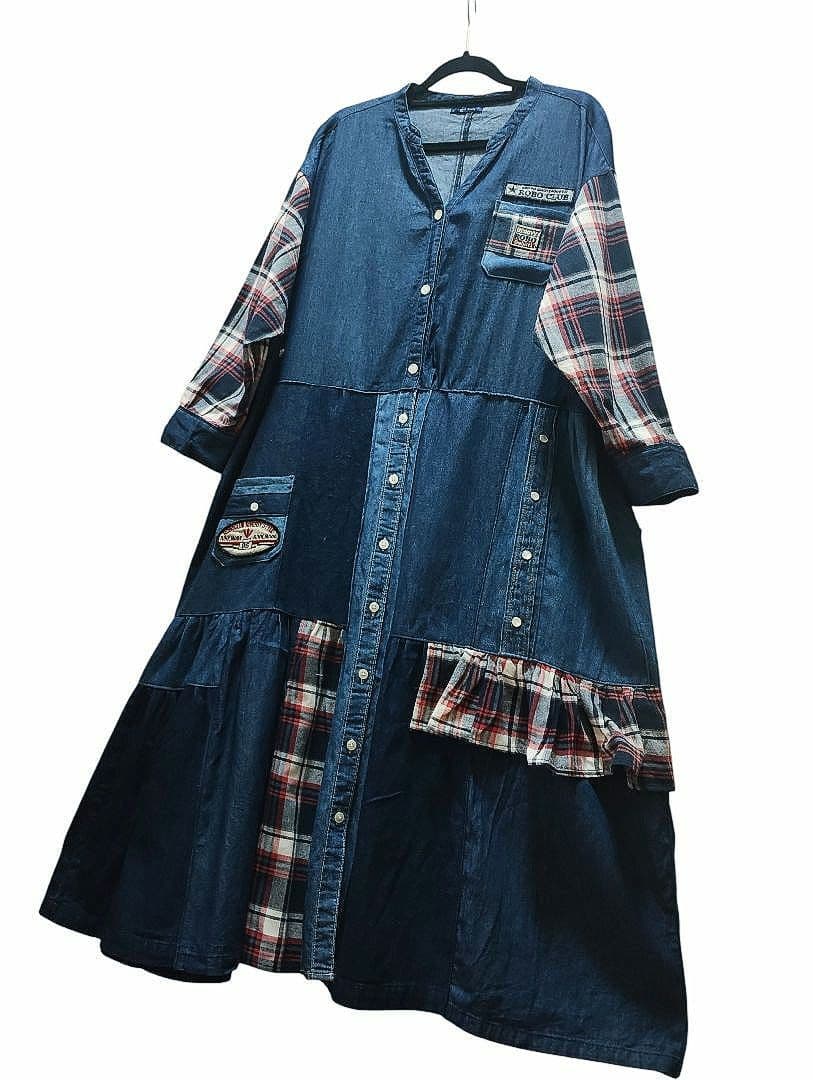 古着リメイク　ゆったり羽織れるデニムパッチワークワンピース　リメイクデニムシャツ