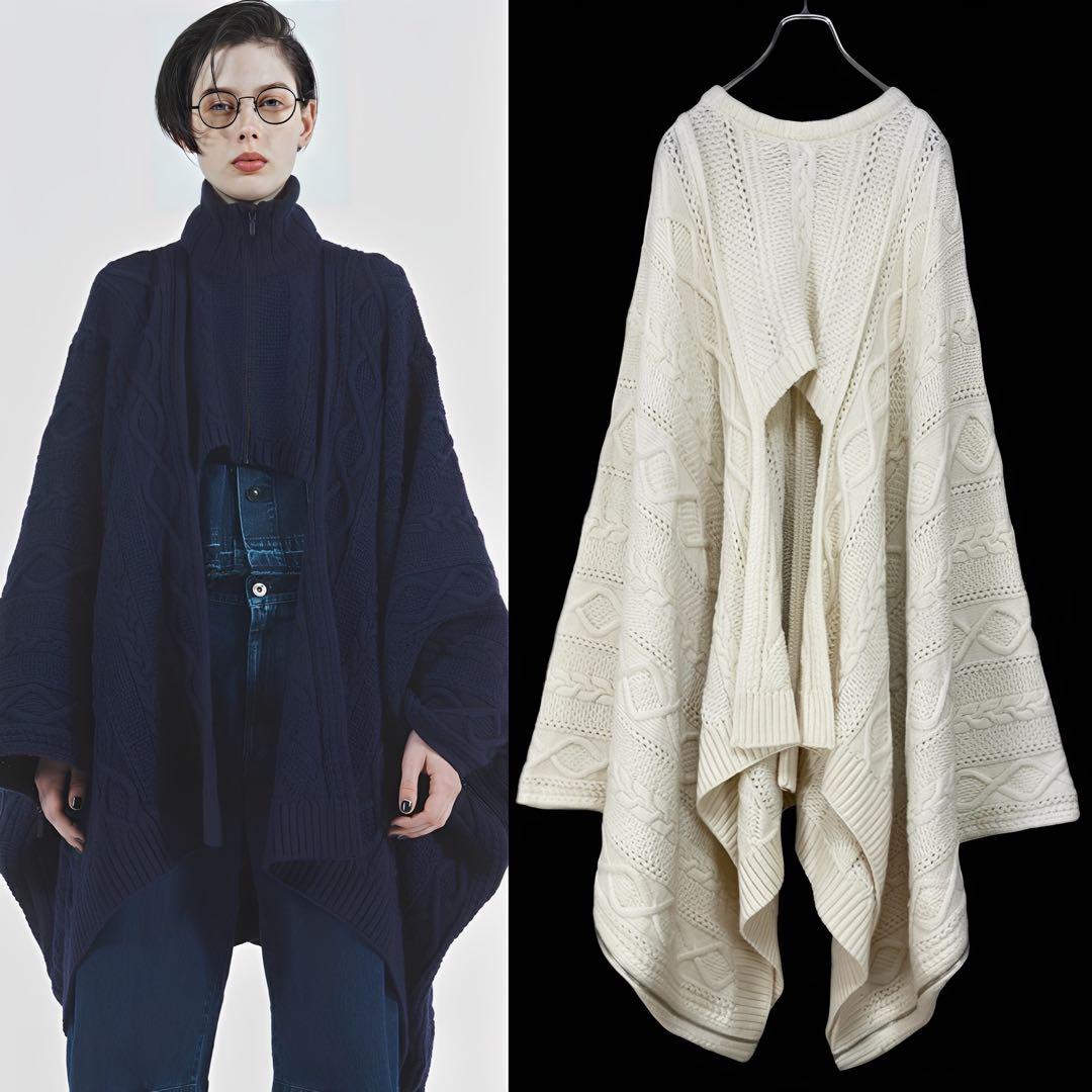 Y's ワイズ 美品 ローゲージ アランニット ポンチョ アイボリー2