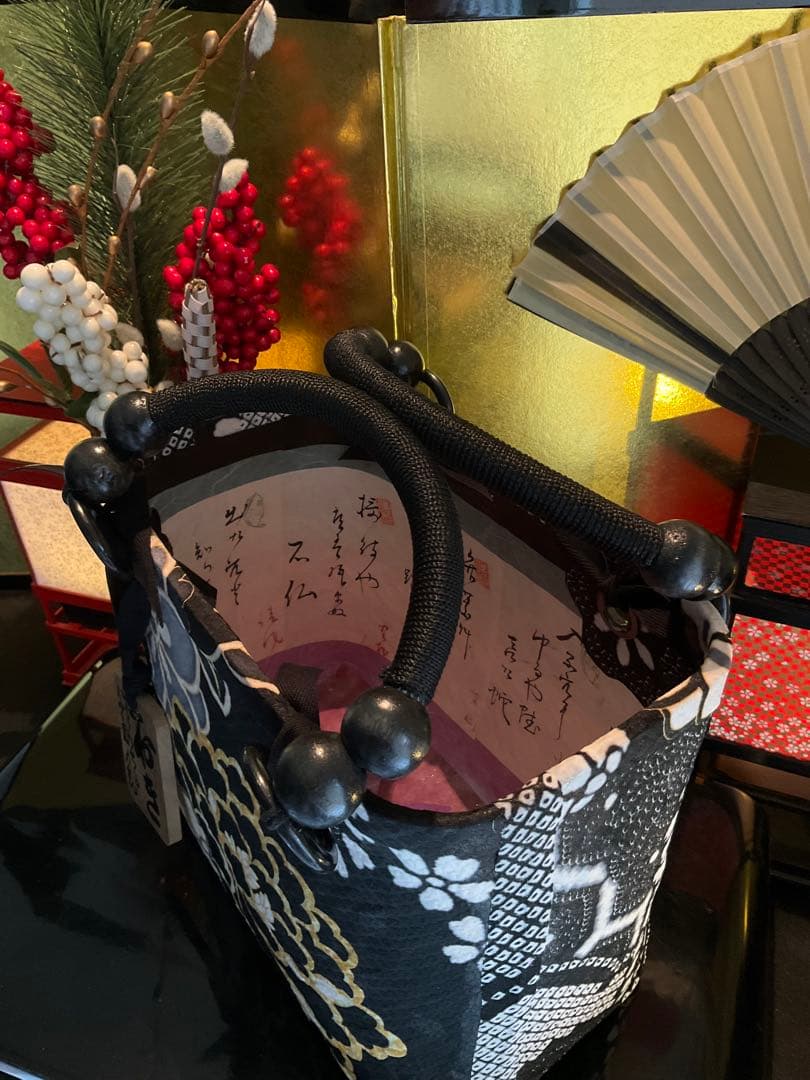 一閑張り　一閑張りバッグ　古文書　和紙　花絵柄　大正　着物　印譜　京友禅　牡丹