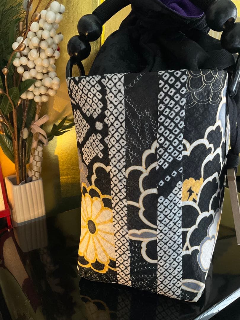 一閑張り　一閑張りバッグ　古文書　和紙　花絵柄　大正　着物　印譜　京友禅　牡丹