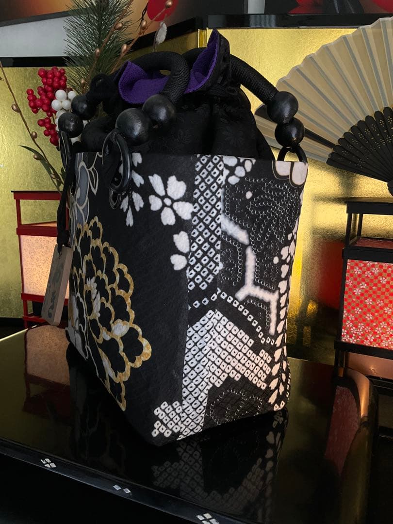 一閑張り　一閑張りバッグ　古文書　和紙　花絵柄　大正　着物　印譜　京友禅　牡丹