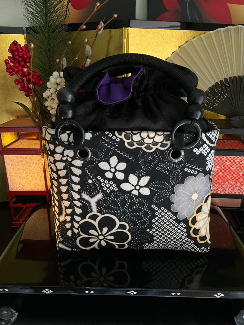 一閑張り　一閑張りバッグ　古文書　和紙　花絵柄　大正　着物　印譜　京友禅　牡丹