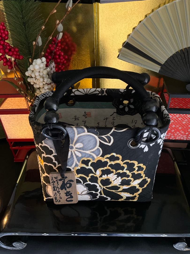 一閑張り　一閑張りバッグ　古文書　和紙　花絵柄　大正　着物　印譜　京友禅　牡丹