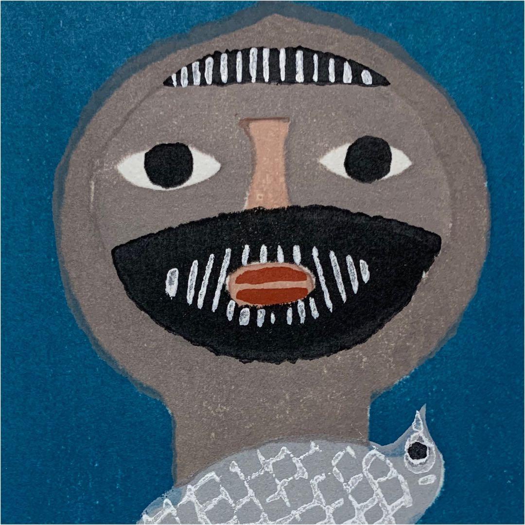 畦地梅太郎　木版画「鳥をだく」オリジナルプレート　綺麗な原色　竹芳洞手摺木版画