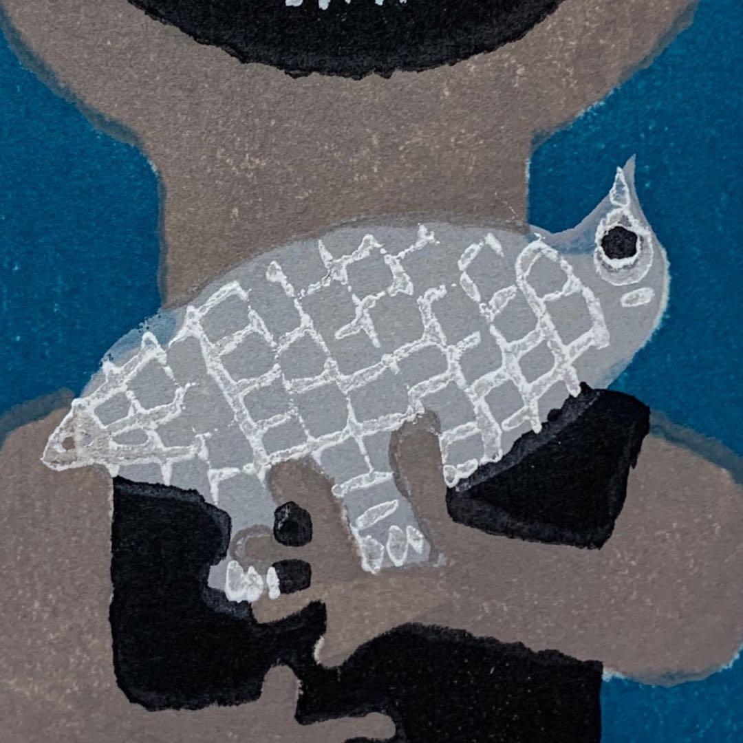 畦地梅太郎　木版画「鳥をだく」オリジナルプレート　綺麗な原色　竹芳洞手摺木版画