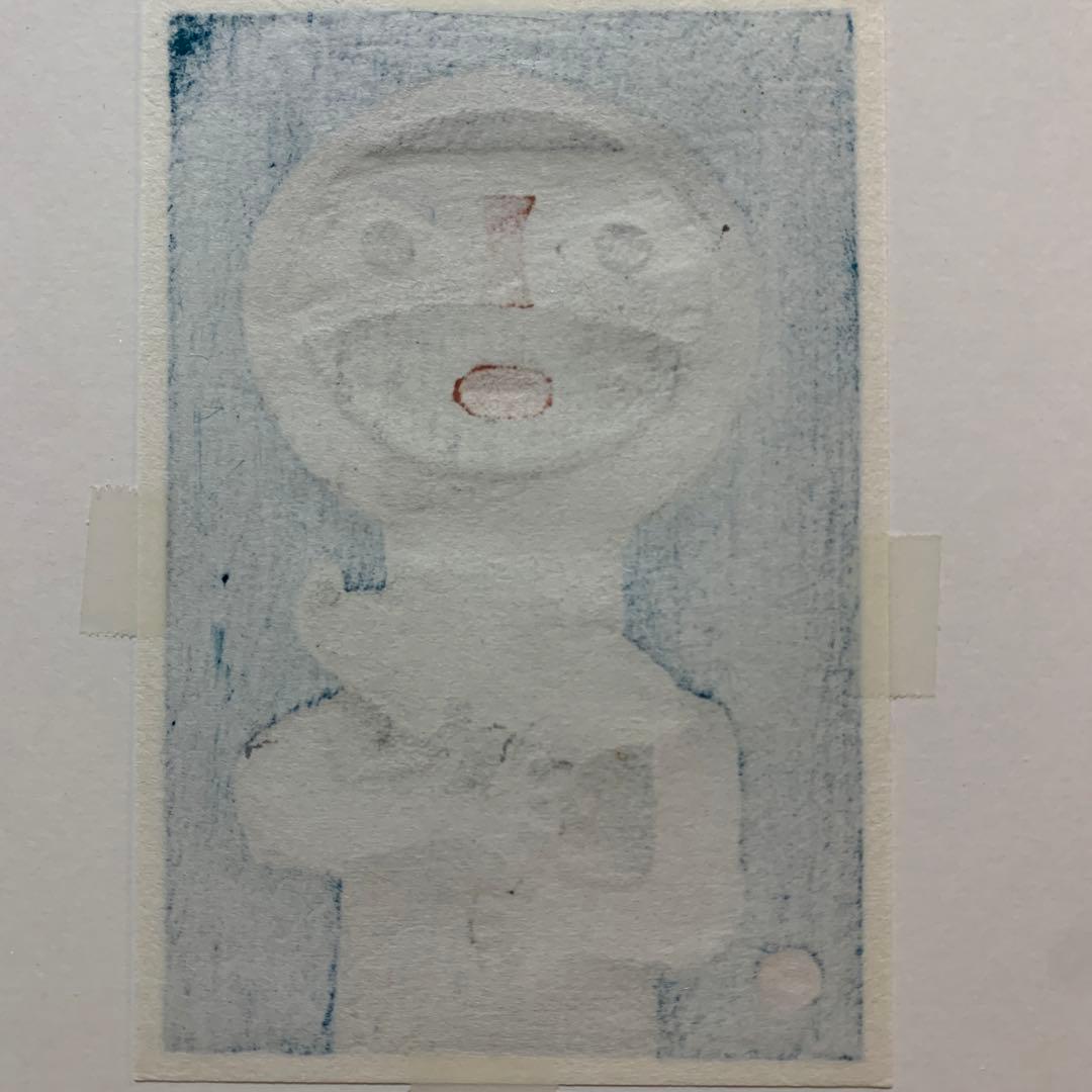 畦地梅太郎　木版画「鳥をだく」オリジナルプレート　綺麗な原色　竹芳洞手摺木版画