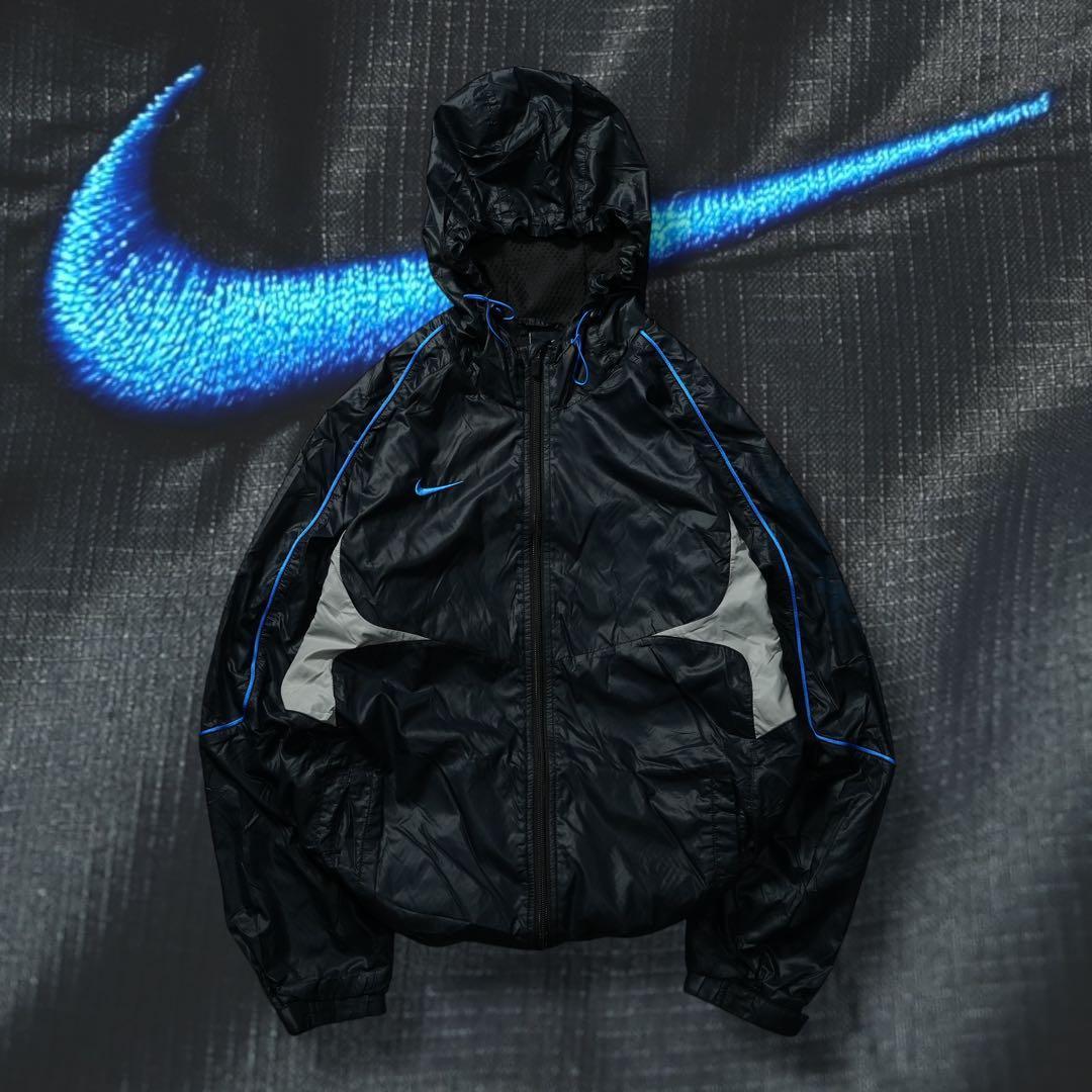 00s y2k NIKE フードナイロンジャケット 刺繍ロゴ 流線形 テック系