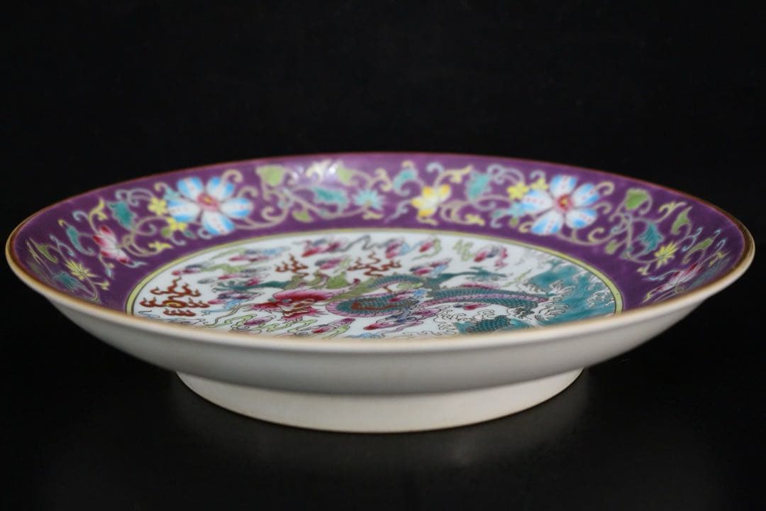 旧家蔵出　清国時代　大型　雍正琺瑯彩 海水龍紋皿 逸品　置物