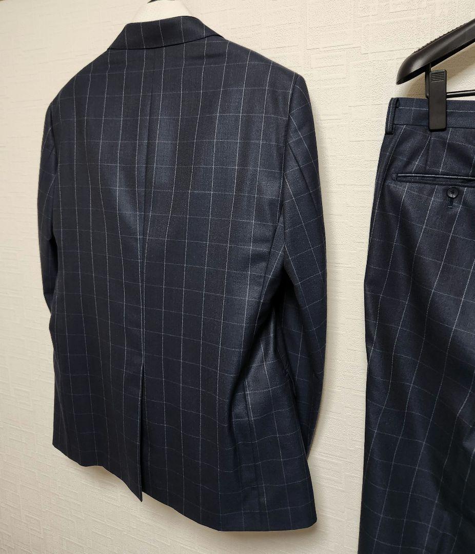 洋服の青山　パーソンズ　メンズスーツ　スリーピース　光沢　濃紺ブルー　チェック
