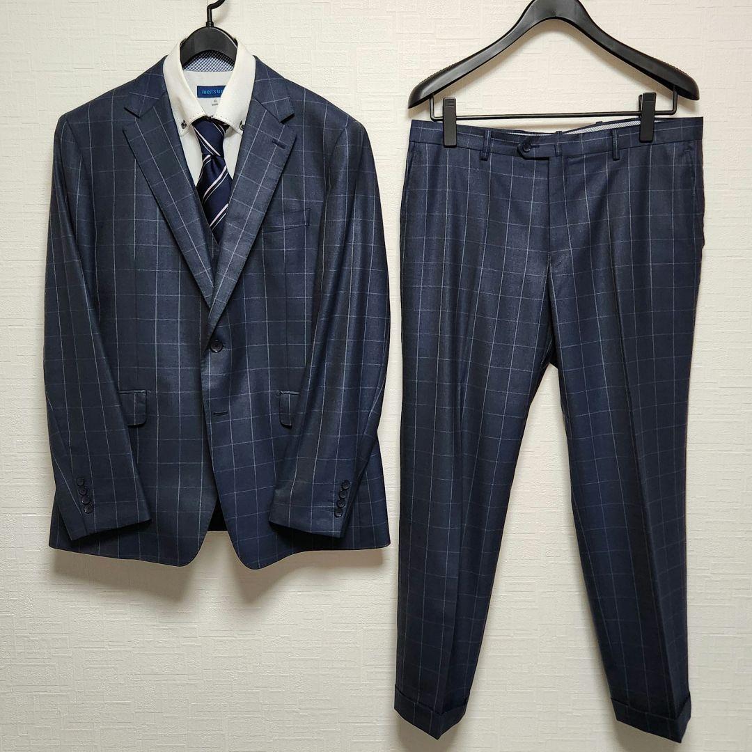 洋服の青山　パーソンズ　メンズスーツ　スリーピース　光沢　濃紺ブルー　チェック