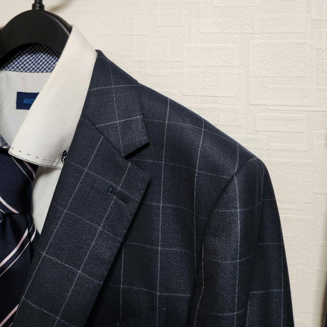洋服の青山　パーソンズ　メンズスーツ　スリーピース　光沢　濃紺ブルー　チェック