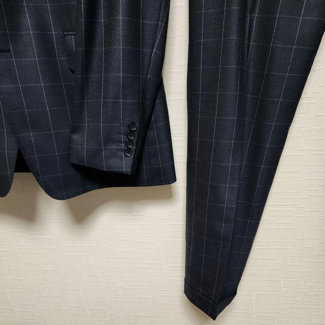 洋服の青山　パーソンズ　メンズスーツ　スリーピース　光沢　濃紺ブルー　チェック