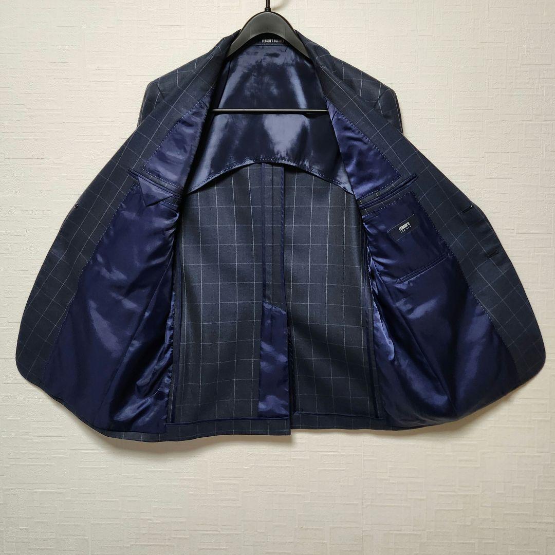 洋服の青山　パーソンズ　メンズスーツ　スリーピース　光沢　濃紺ブルー　チェック