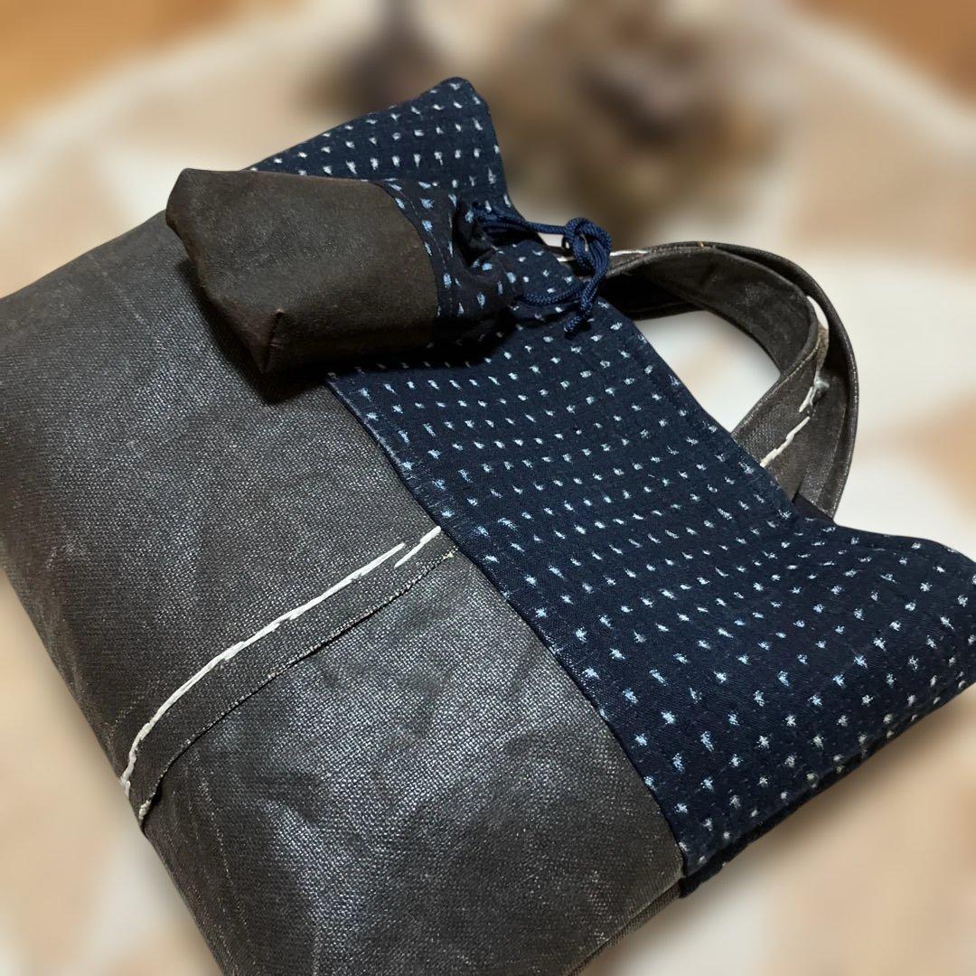 柿渋染め古布酒袋藍染め雪ん子刺し子キーケースチャーム付リメイク手作りバック