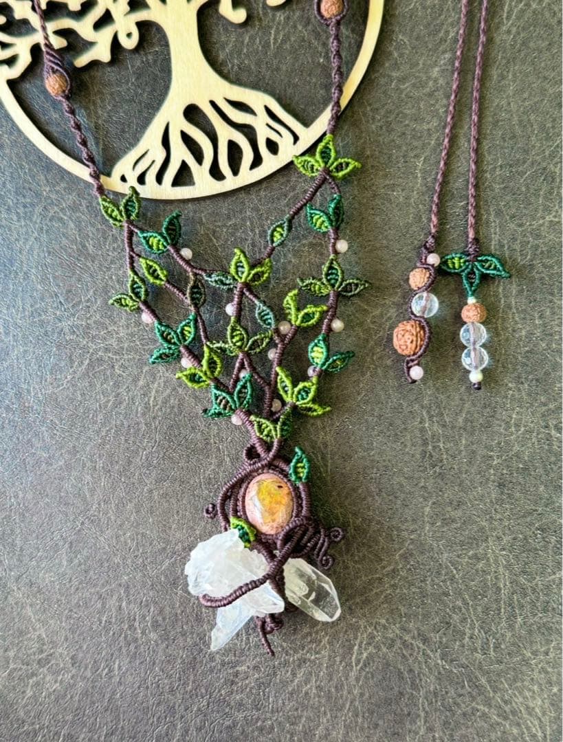 専用☆カンテラオパール＆水晶クラスター生命の樹マクラメ編みネックレス♡