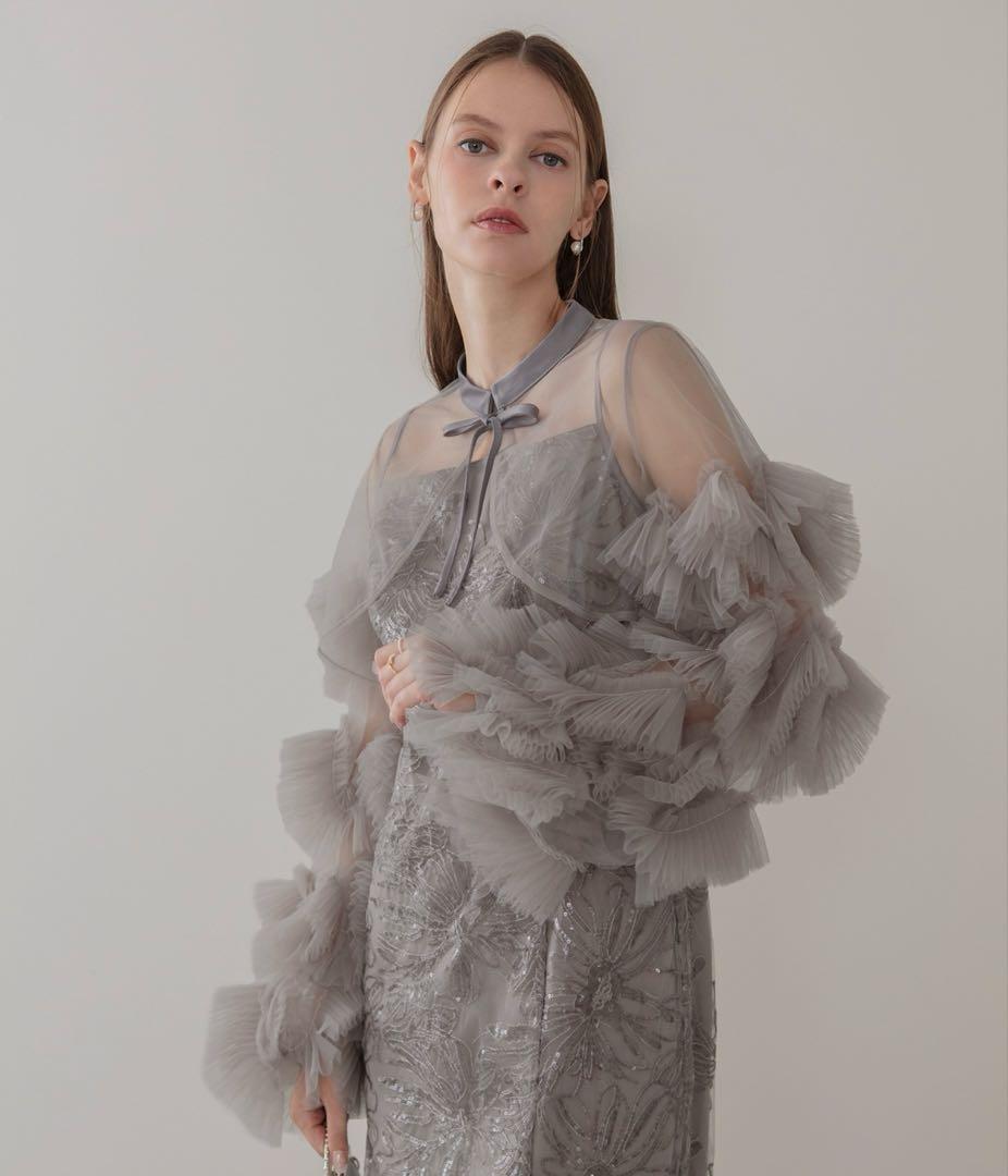 Leja フリルチュールスリーブリボンIラインワンピースドレス2点セット