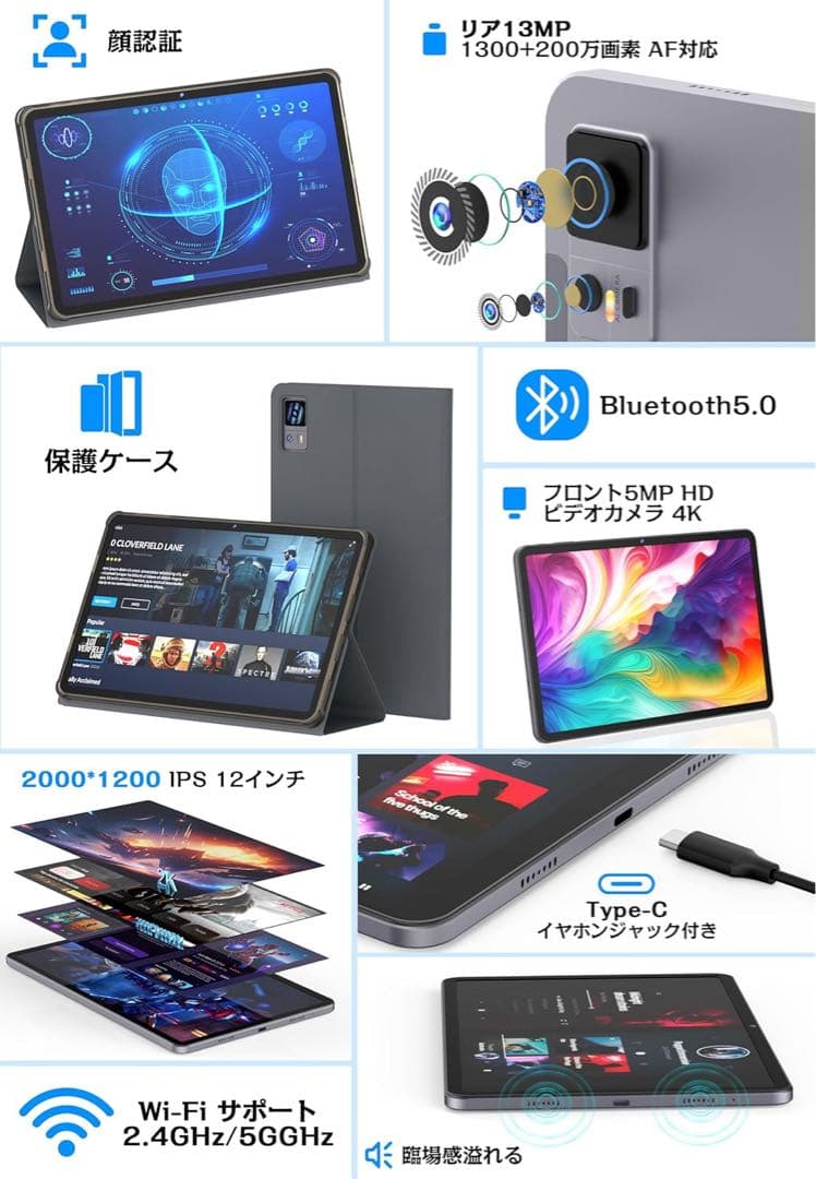 8コアCPU タブレット 8000mAh 12インチ 顔認証 保護ケース付