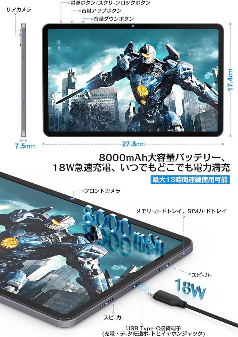 8コアCPU タブレット 8000mAh 12インチ 顔認証 保護ケース付
