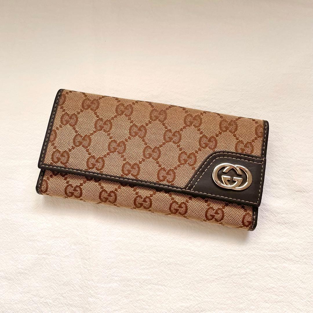 GUCCI グッチ 長財布 GGキャンバス ロゴプレート ブラウン 1201-⑦
