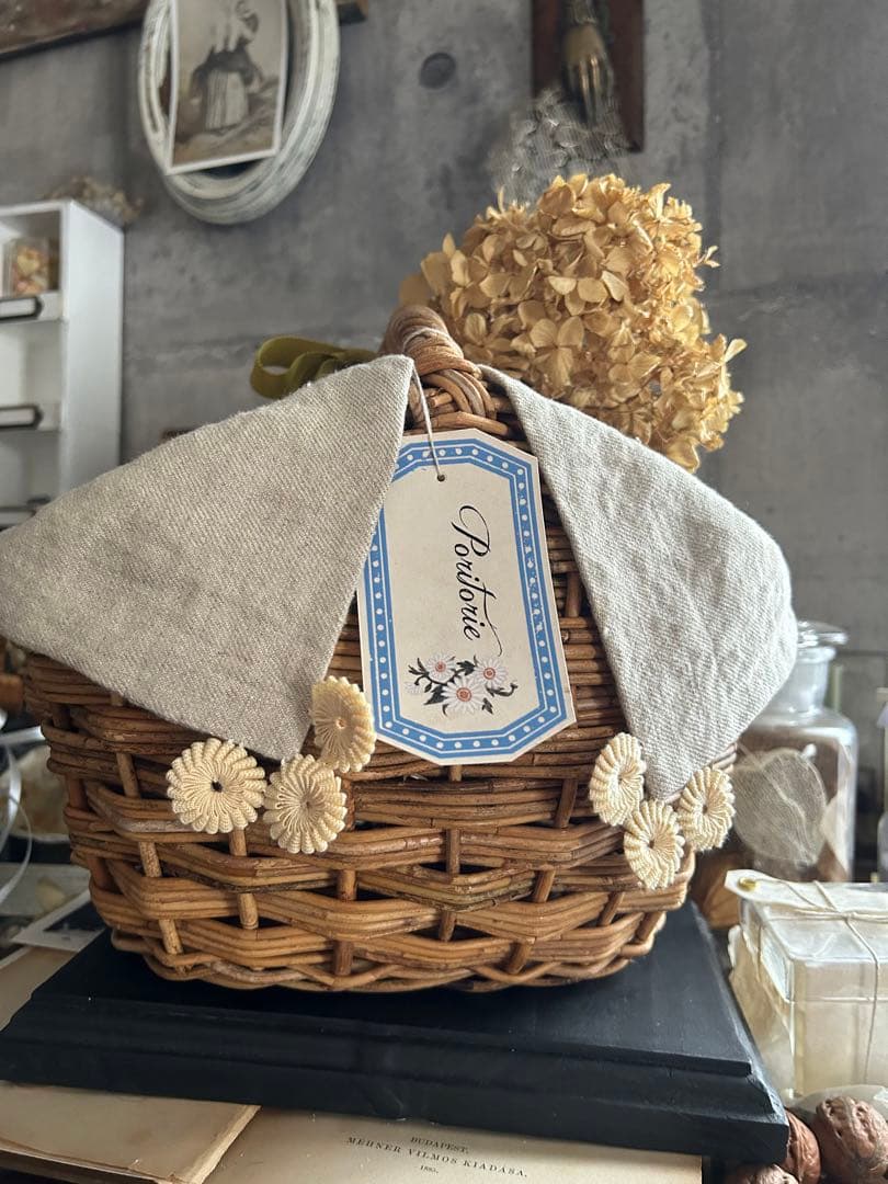 poritorie マーガレット刺繍 リネンカバー かご バスケット