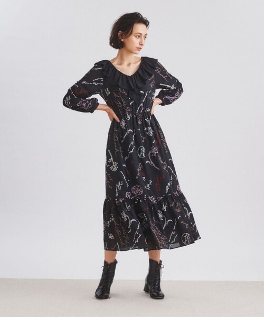 22AW♡グレースコンチネンタル 刺繍ラッフルフリルワンピース 36 総柄