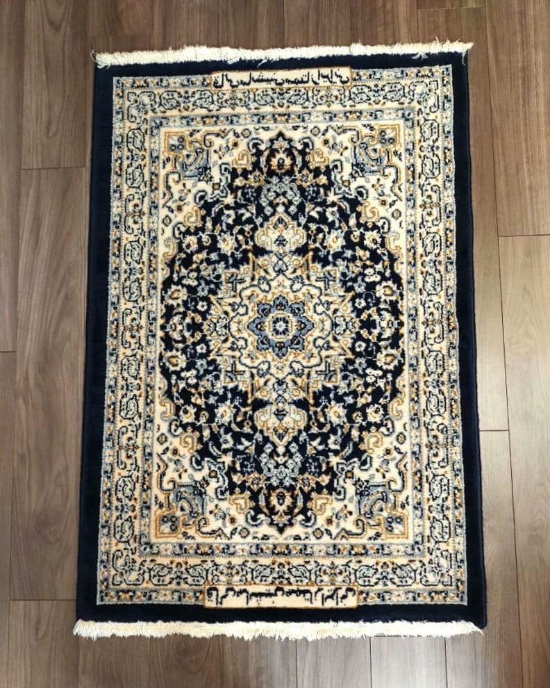 80×120 イラン製 ウール ペルシャ絨毯 メダリオン柄 ネイビー ベージュ