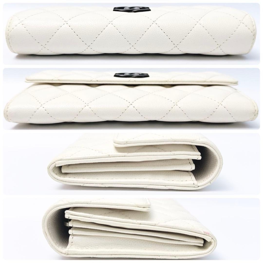 シャネル マトラッセ ココマーク キャビアスキン ホワイト 二つ折り長財布