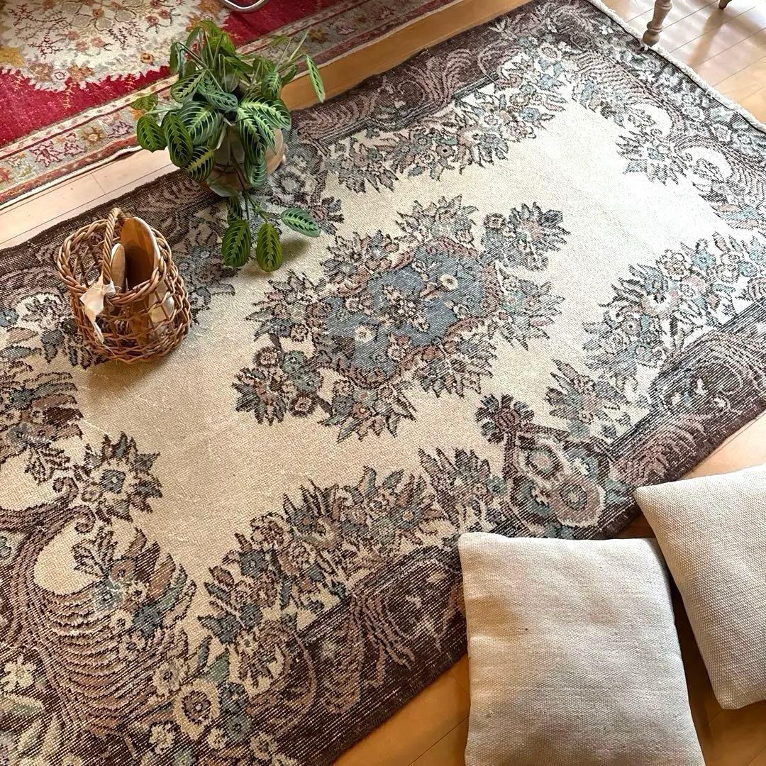 119×204ブラウン×クリーム　ピンク水色　メダリオン　トルコヴィンテージラグ