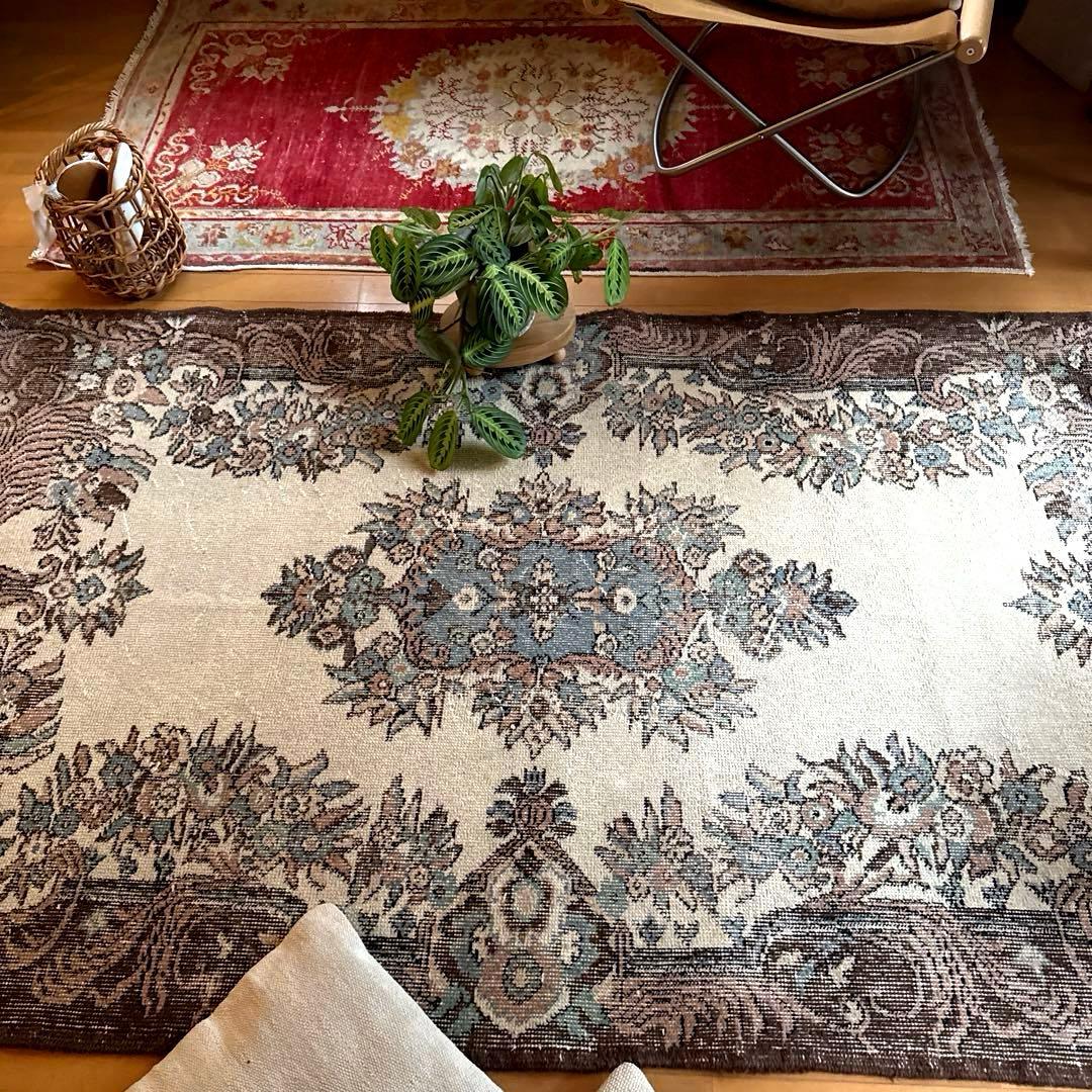 119×204ブラウン×クリーム　ピンク水色　メダリオン　トルコヴィンテージラグ