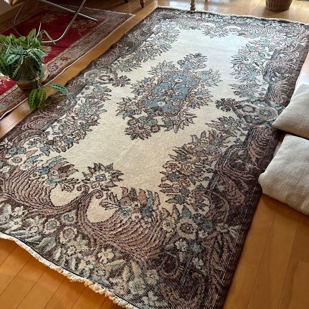 119×204ブラウン×クリーム　ピンク水色　メダリオン　トルコヴィンテージラグ