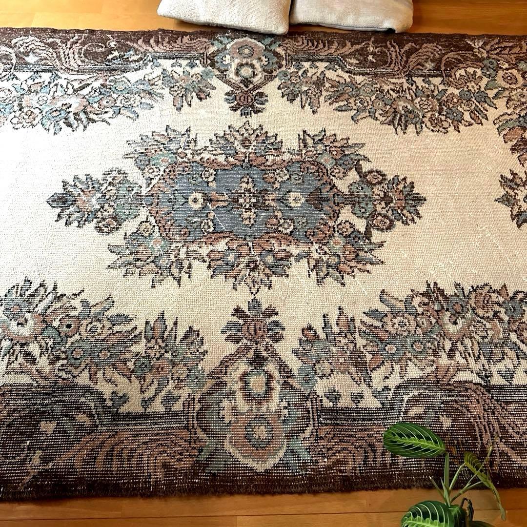 119×204ブラウン×クリーム　ピンク水色　メダリオン　トルコヴィンテージラグ