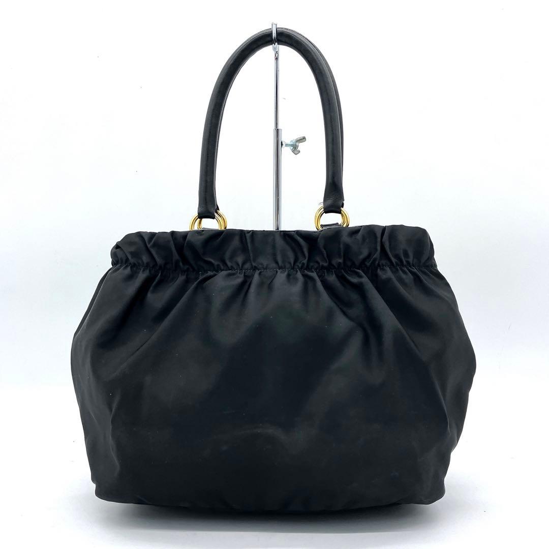 【PRADA】ハンドバッグ　リボン　ロゴ金具　ゴールド金具　ナイロン　ブラック
