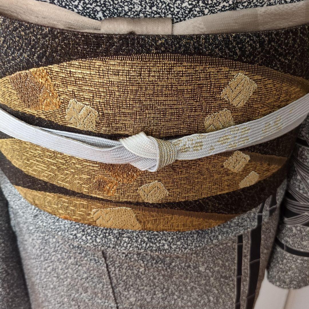 訪問着 グレー系 竹笹模様　袋帯セット