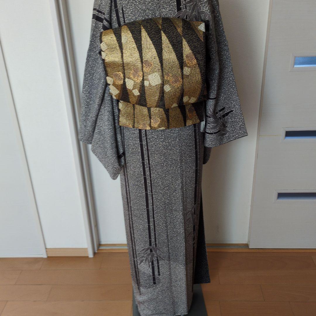 訪問着 グレー系 竹笹模様　袋帯セット