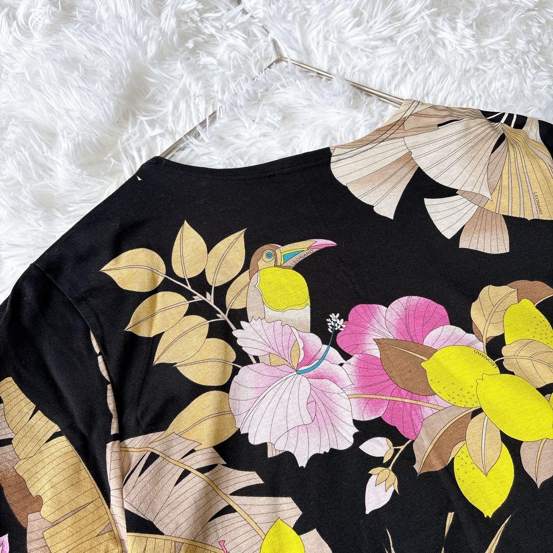レオナール 花柄 カットソー ブラック コットン100 2XL 鳥 蝶 日本製