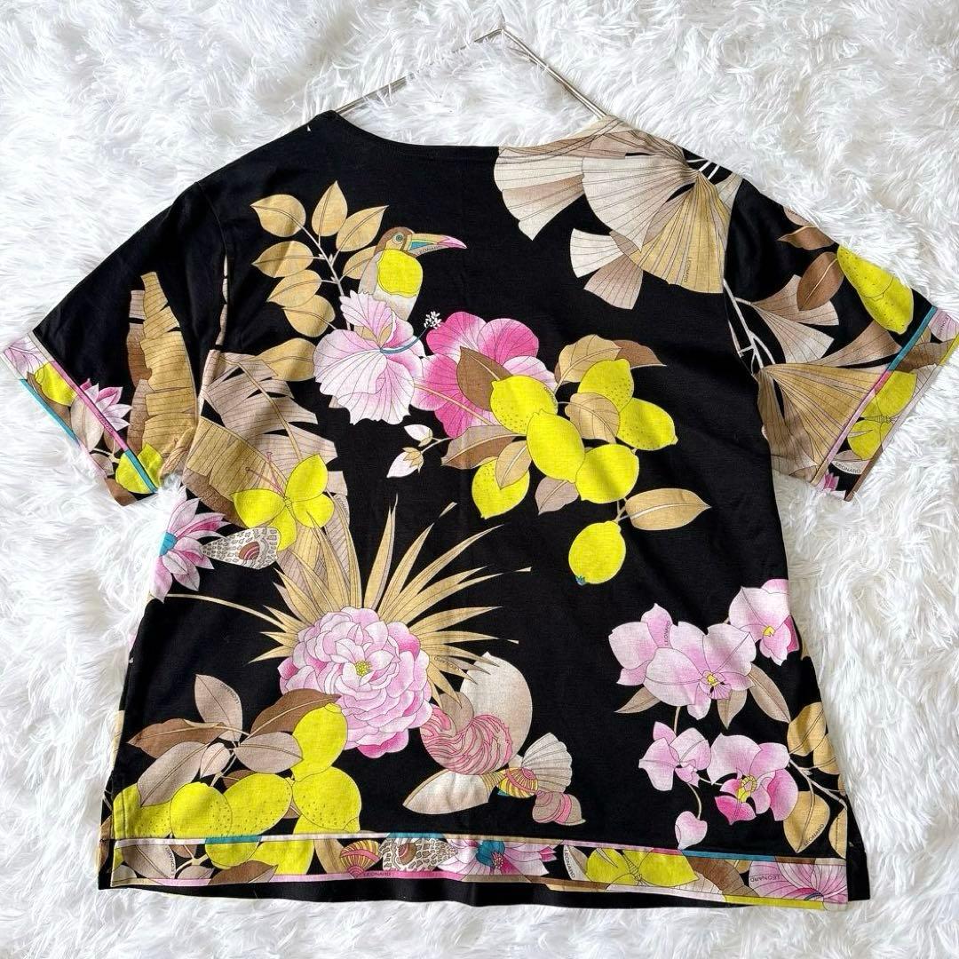レオナール 花柄 カットソー ブラック コットン100 2XL 鳥 蝶 日本製