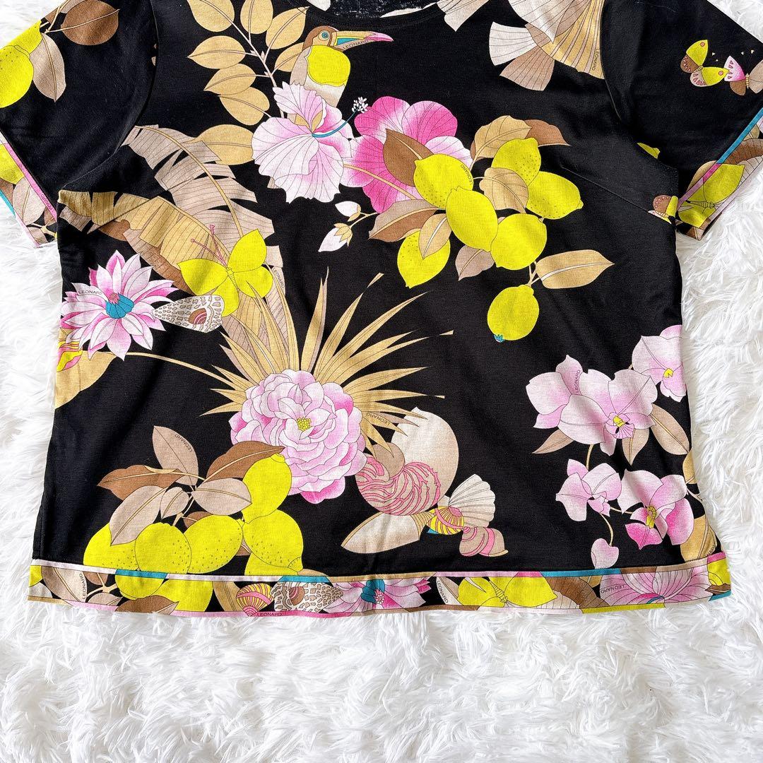 レオナール 花柄 カットソー ブラック コットン100 2XL 鳥 蝶 日本製