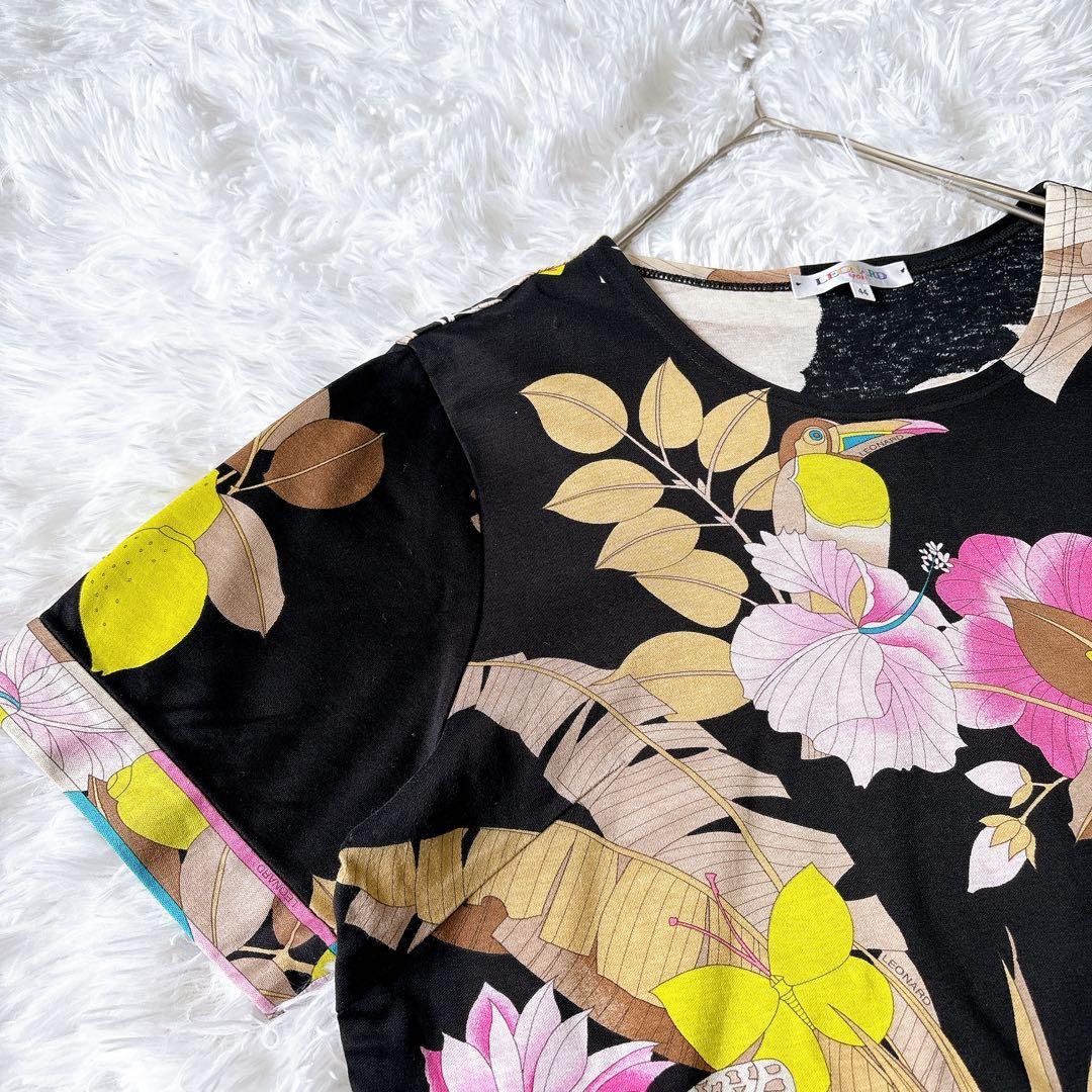 レオナール 花柄 カットソー ブラック コットン100 2XL 鳥 蝶 日本製