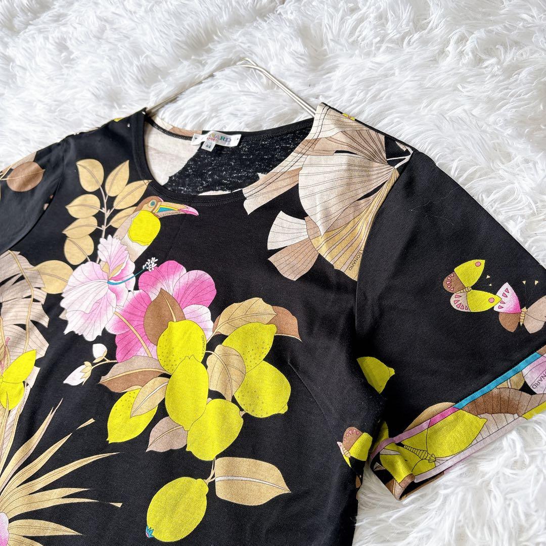 レオナール 花柄 カットソー ブラック コットン100 2XL 鳥 蝶 日本製