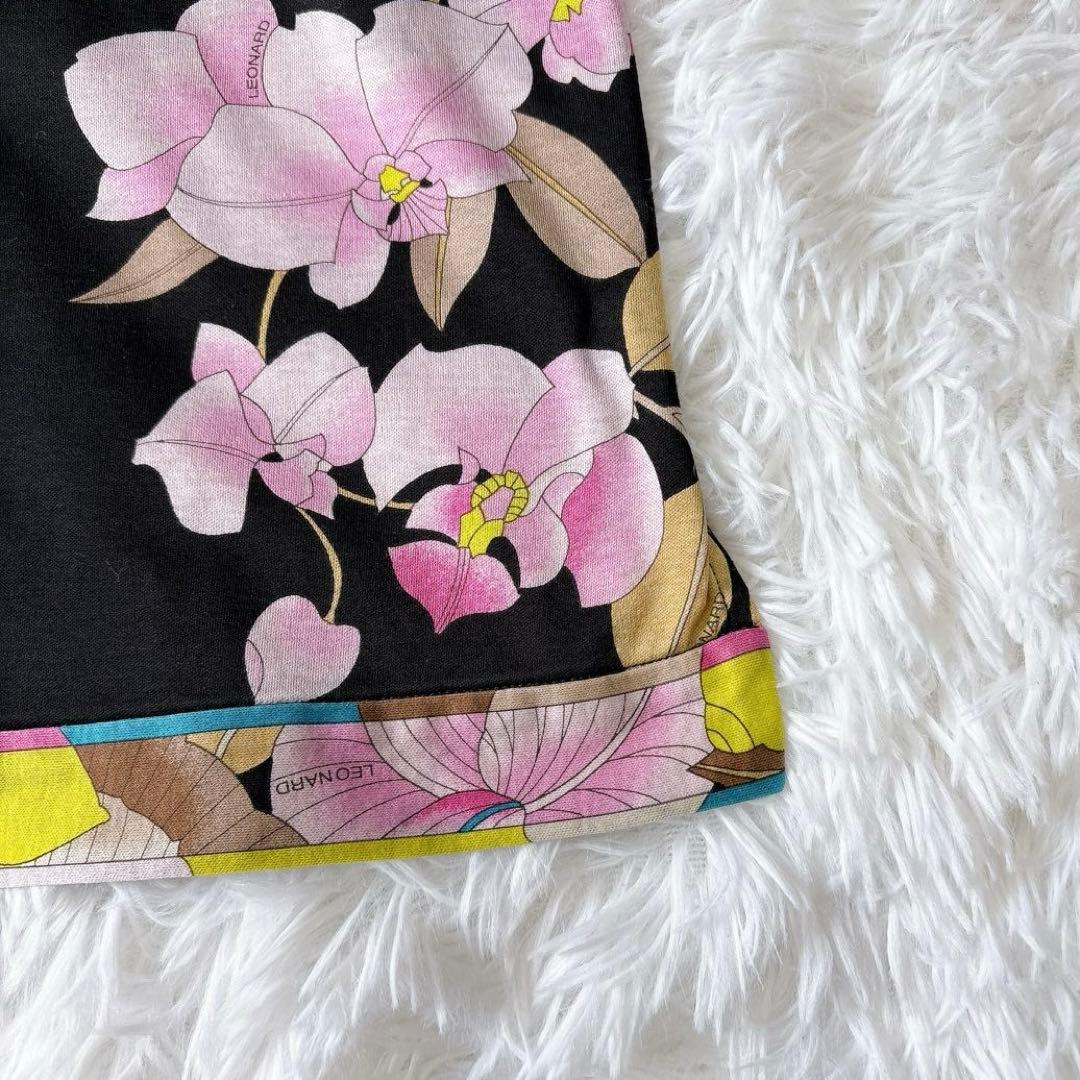 レオナール 花柄 カットソー ブラック コットン100 2XL 鳥 蝶 日本製