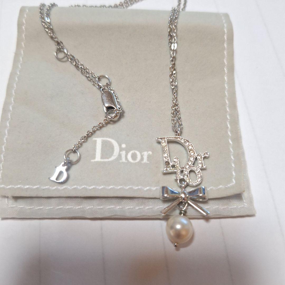 ディオール ネックレス ロゴ リボン パール ラインストーン袋付きヴィンテージ