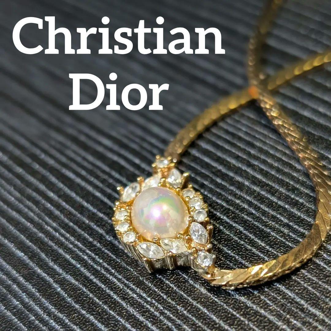 Christian Dior 大粒パールビジュー加飾 ゴールドカラーネックレス