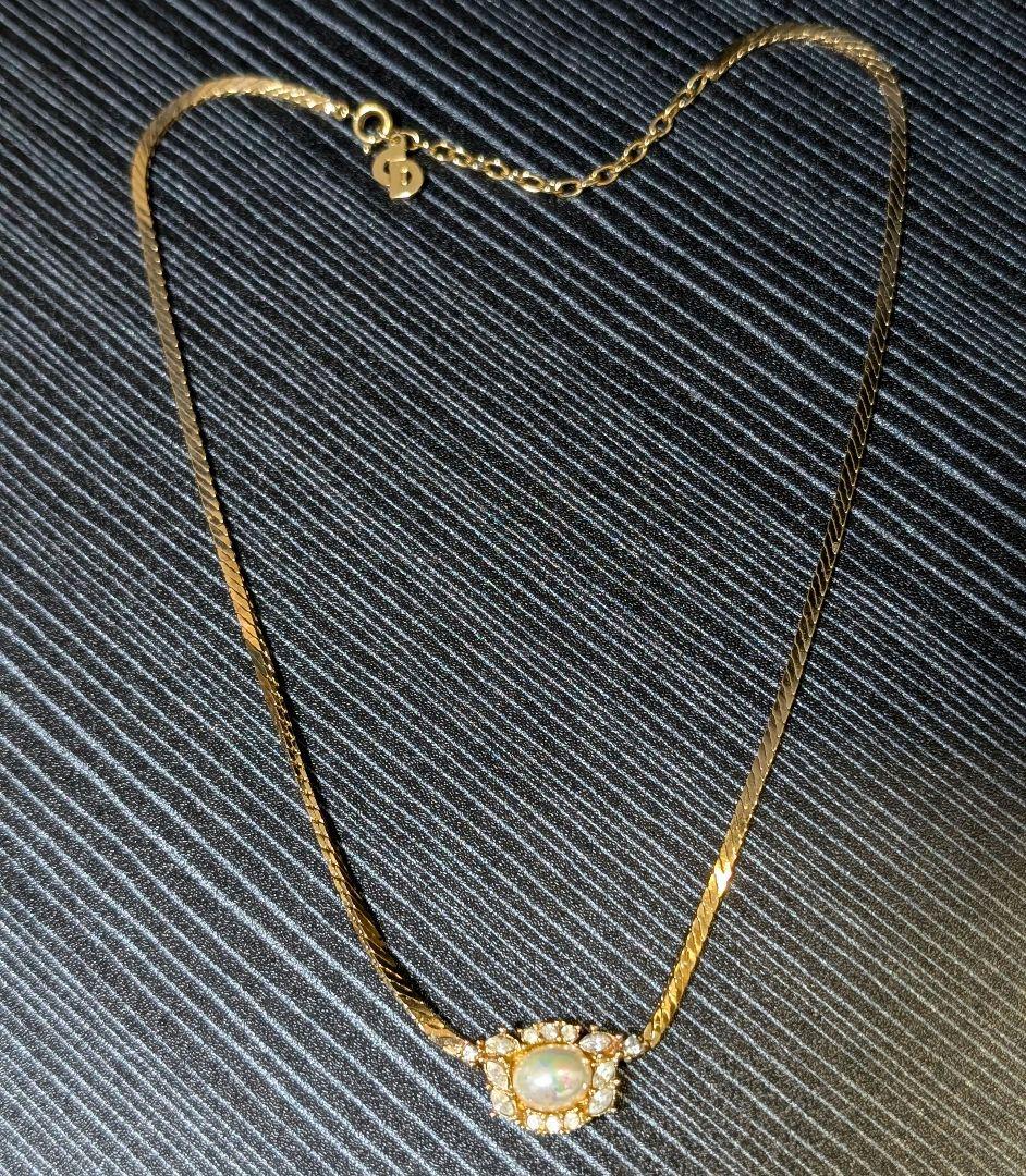 Christian Dior 大粒パールビジュー加飾 ゴールドカラーネックレス