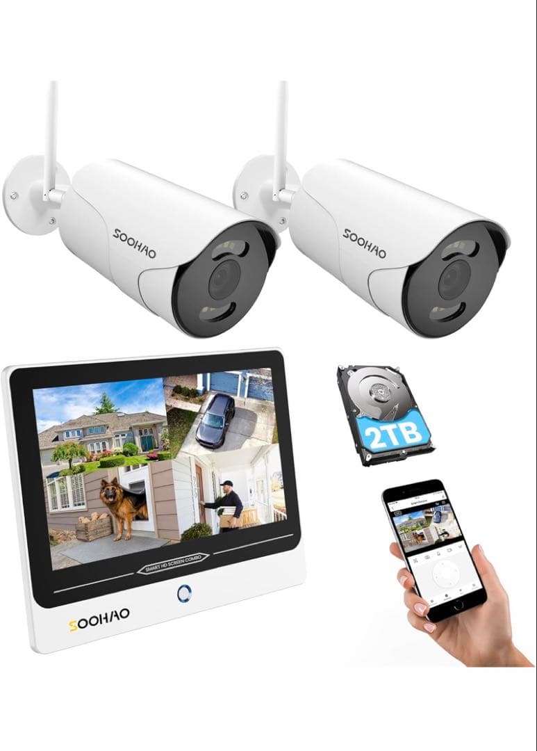 SOOHAO WIFI 防犯カメラ２台 セット モニター付き　容量 2T 人気