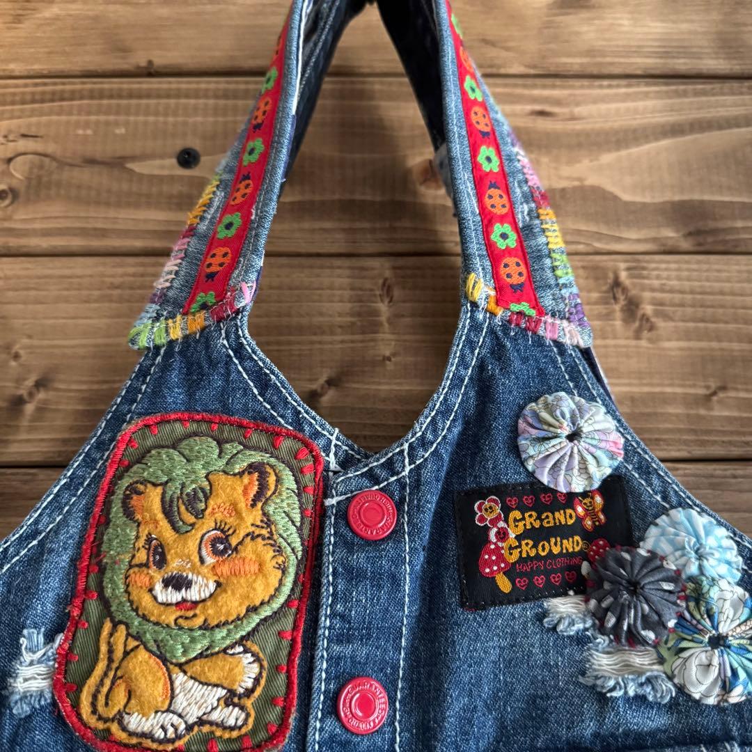 ハンドメイド デニムリメイク バッグ レトロアニマル ヨーヨーキルト 楕円 19