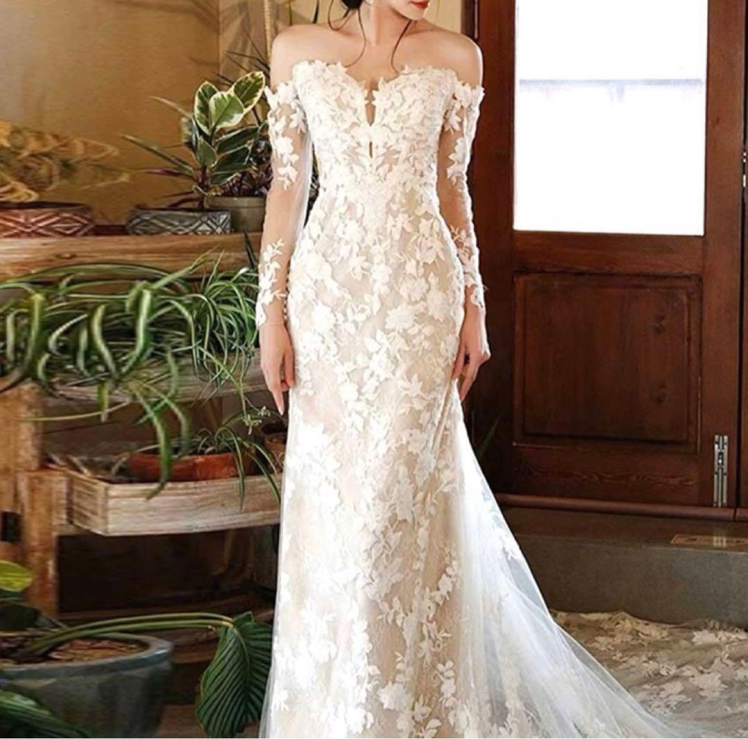 オフショルダーアイボリーマーメイドウェディングドレス