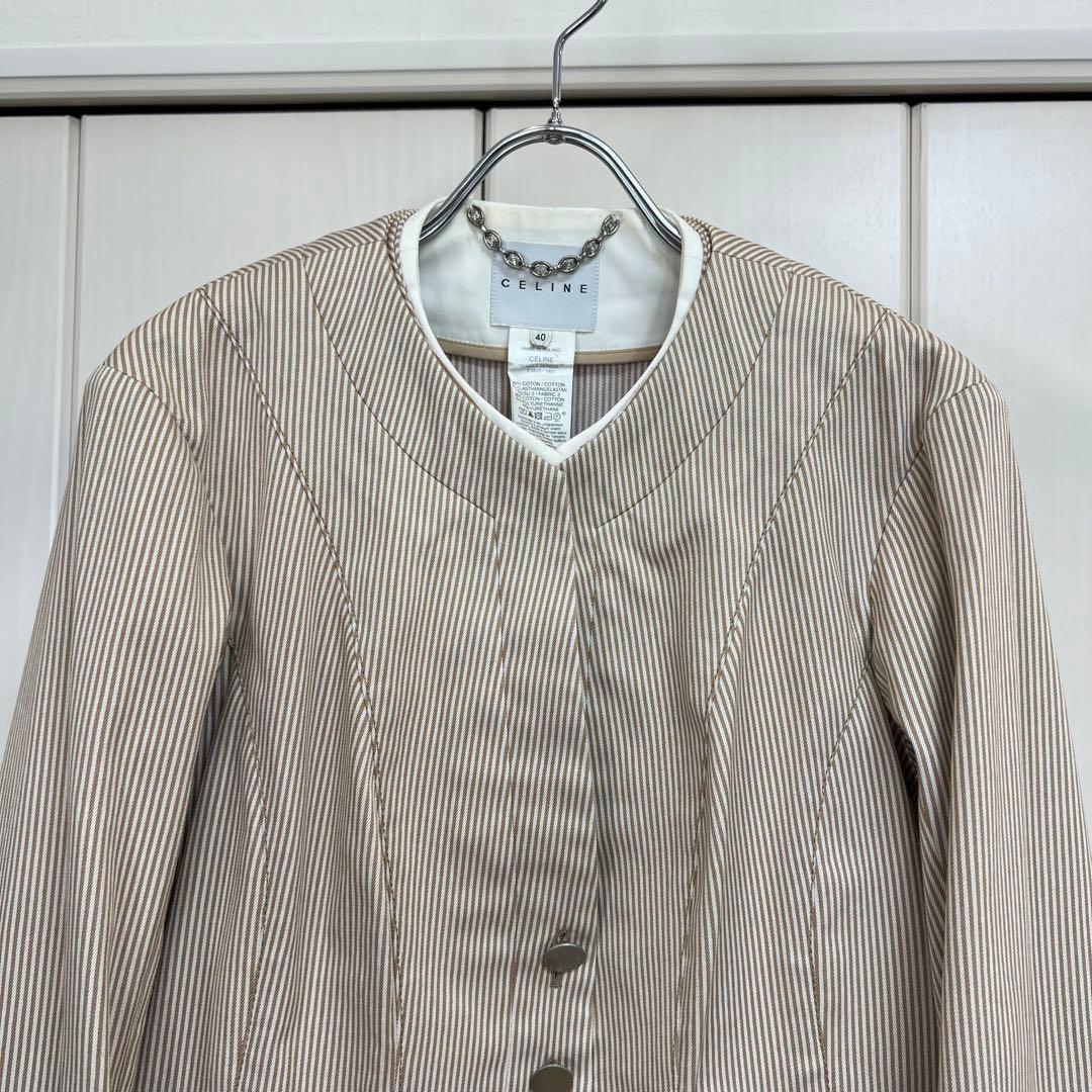 CELINE レイヤードデザイン ストライプノーカラージャケット 40