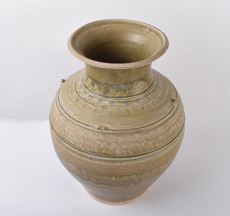 中国　緑釉　花卉文　四耳壷　V　R3585C