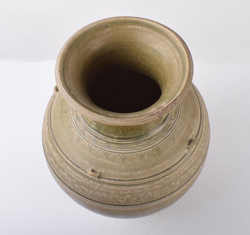 中国　緑釉　花卉文　四耳壷　V　R3585C